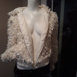 White faux fur jacket, "saywhat" label